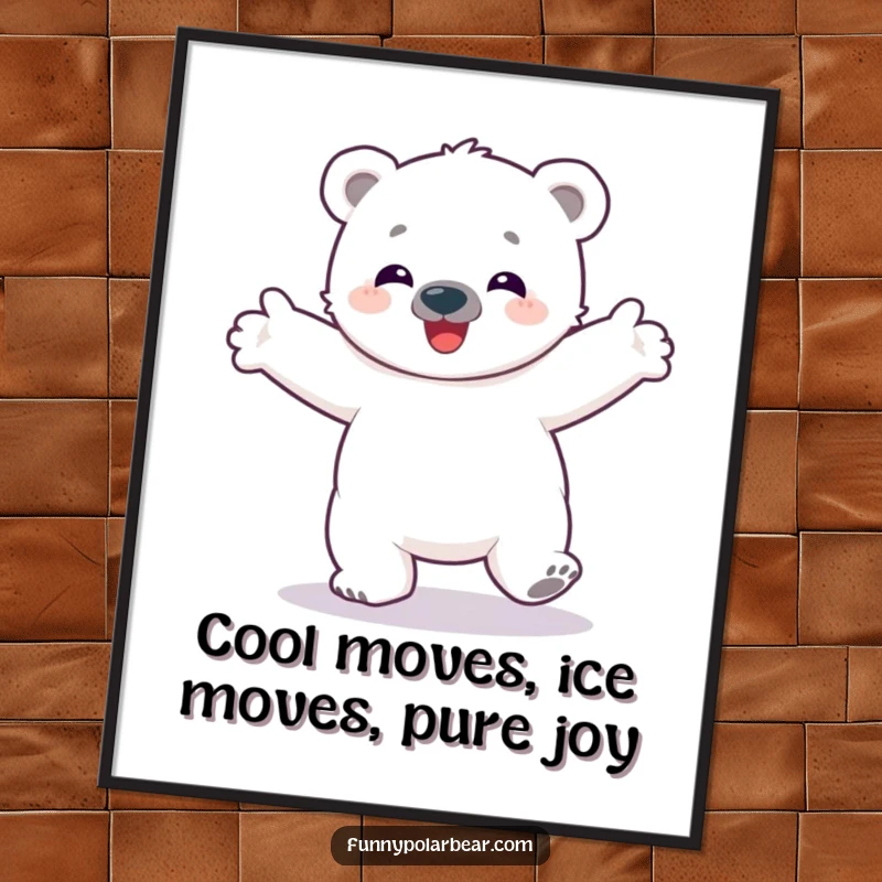 Funny Free Printable Wall Art: A delighted polar bear cub captured mid-spin with arms outstretched in pure bliss.
