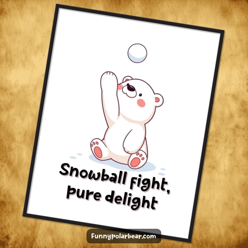 Funny Free Printable Wall Art: A polar bear cub playfully tosses a snowball high into the air, capturing winter joy.