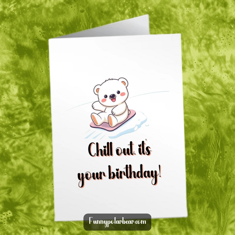 Funny Free Printable Birthday Card: A kawaii polar bear cub joyfully sliding down a snowy icy slope with a smile.