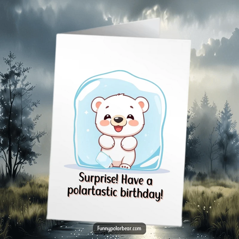 Funny Free Printable Birthday Card: A giggling polar bear cub playfully peeking from behind a large ice block.