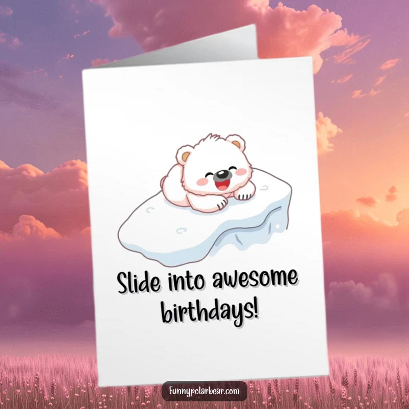 Funny Free Printable Birthday Card: A fluffy white bear cub gleefully slides down an icy hill on its belly, pure joy.