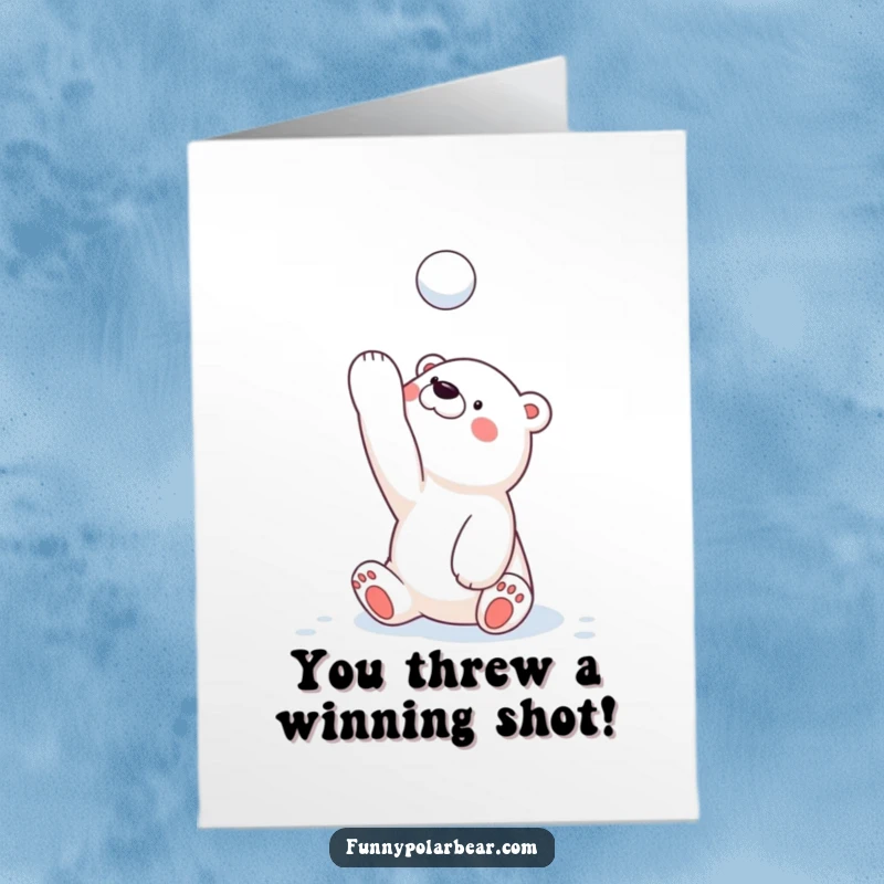 Funny Free Printable Congrats Card: A polar bear cub joyfully tosses a snowball into the air to celebrate a victory.