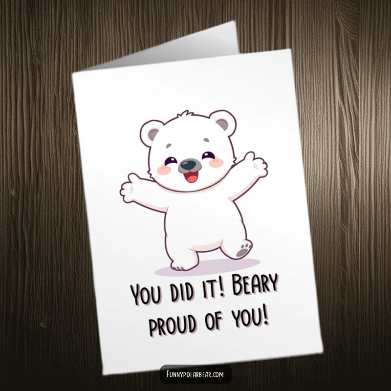 Funny Free Printable Congrats Card: Ecstatic polar bear cub spinning around joyfully, celebrating your big win.