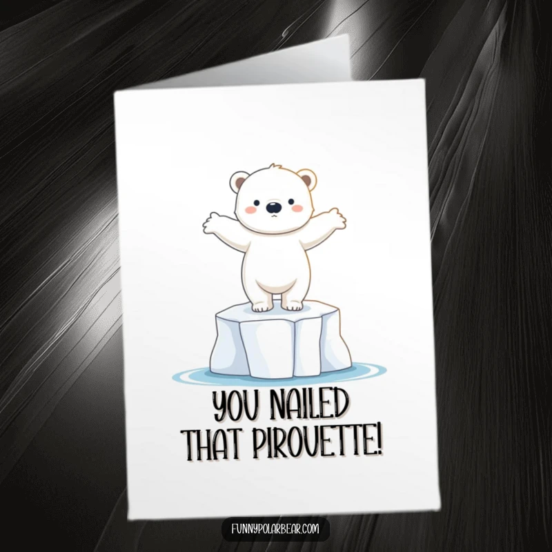 Funny Free Printable Congratulations Card: A polar bear cub performing a graceful dance on an ice floe, celebrating victory with poise.