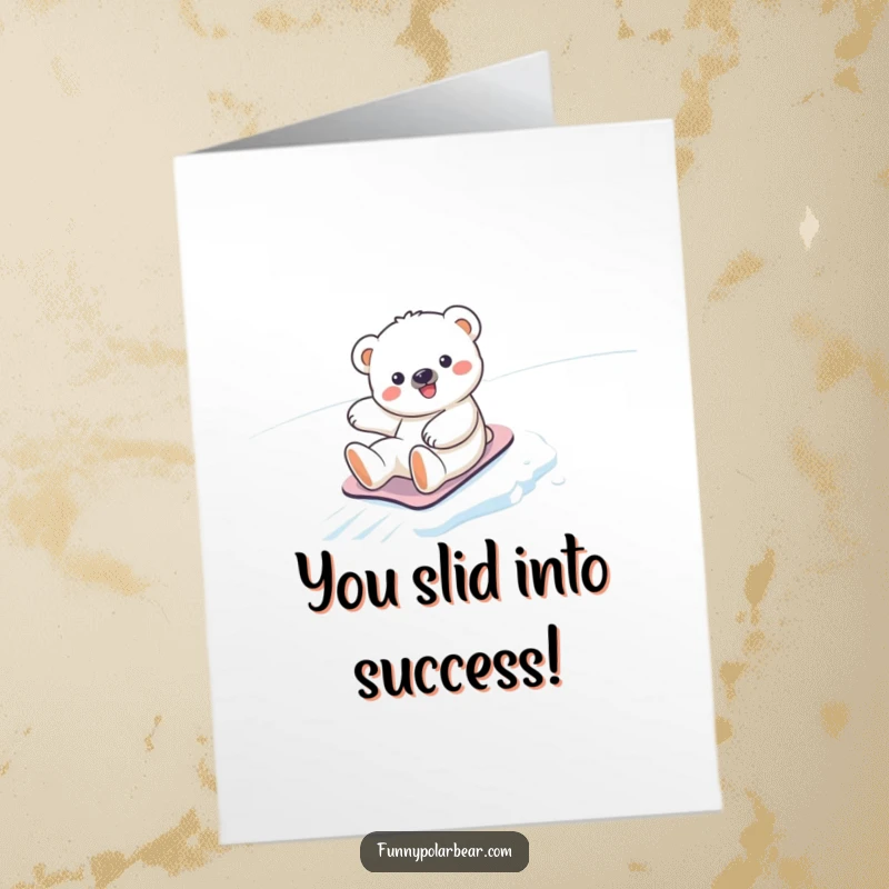 Funny Free Printable Congrats Card: A cute polar bear cub gleefully slides down an icy slope, celebrating a win.