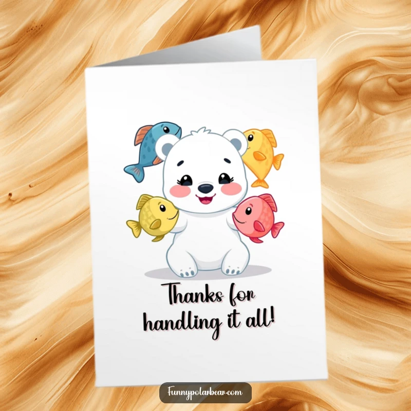 Funny Free Printable Thank You Card: A happy polar bear cub juggles three colorful fish, expressing thanks playfully.