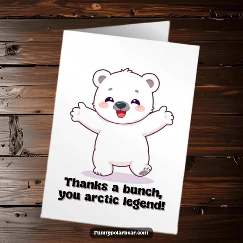 Funny Free Printable Thank You Card: Overjoyed polar bear cub spinning with delight, expressing sincere gratitude.