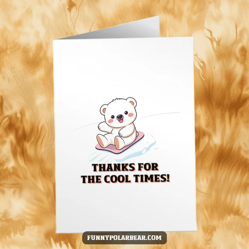 Funny Free Printable Thank You Card: A cute polar bear cub slides down an icy slope, conveying thanks with joy.
