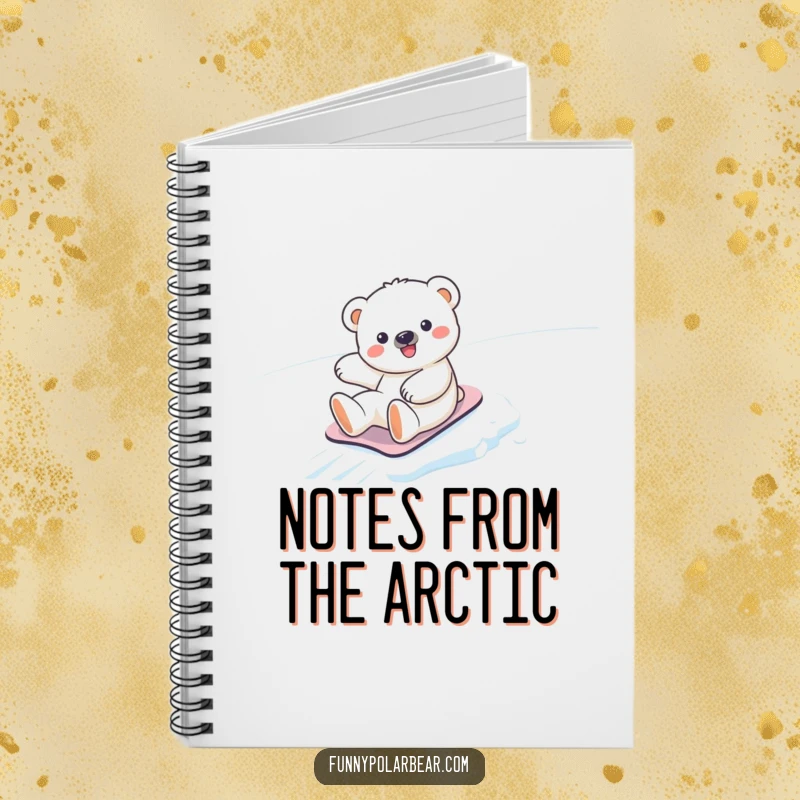Funny kawaii polar bear cub notebook, happily sliding down a snowy slope, a humorous and practical tool for note-taking.