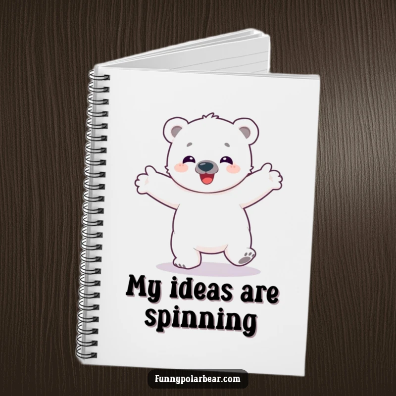 Funny notebook featuring a happy polar bear cub spinning with arms outstretched, perfect for jotting down notes with Arctic delight.