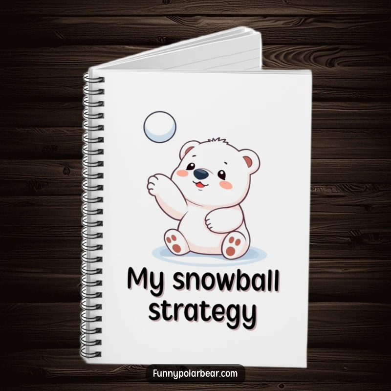 Funny polar bear cub notebook, mid-snowball toss, cute arctic journal, lined pages, playful stationery.