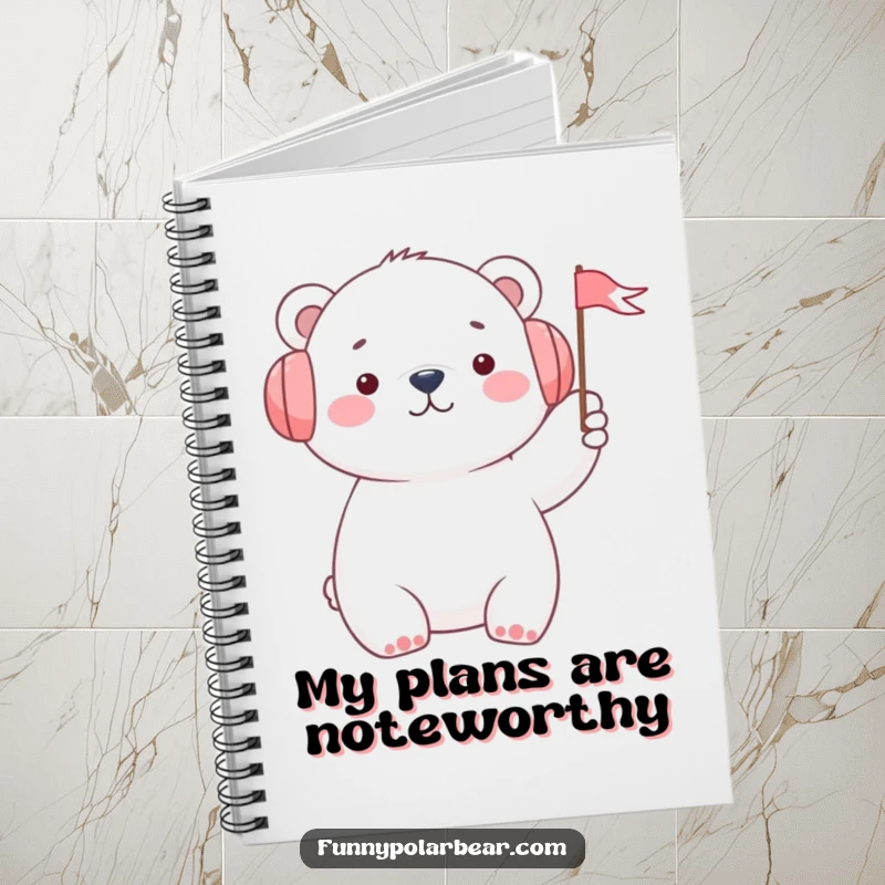 Funny polar bear in earmuffs waving a tiny flag on a notebook cover, encouraging cheerful writing and note-taking.