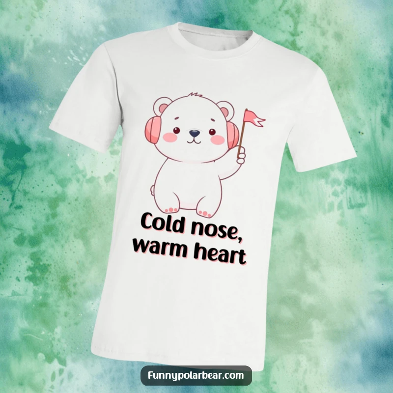 Funny polar bear in earmuffs cheerfully waving a tiny flag on a t-shirt, symbolizing joy and the spirit of adventure.
