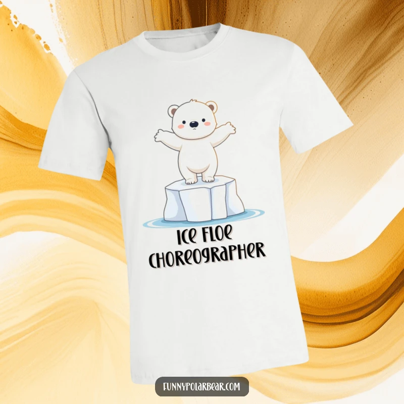 Funny polar bear cub t-shirt, dancing on ice floe, arms outstretched, graceful pose, cute arctic creature.