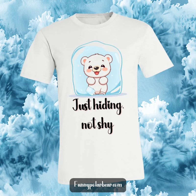 Funny t-shirt showcasing a giggling polar bear cub peeking out playfully from behind a giant ice block, embodying Arctic hide and seek.