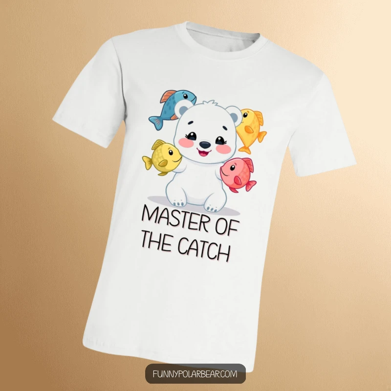 Funny polar bear cub t-shirt, happily juggling three vibrant fish with a wide smile, showcasing playful aquatic talent.