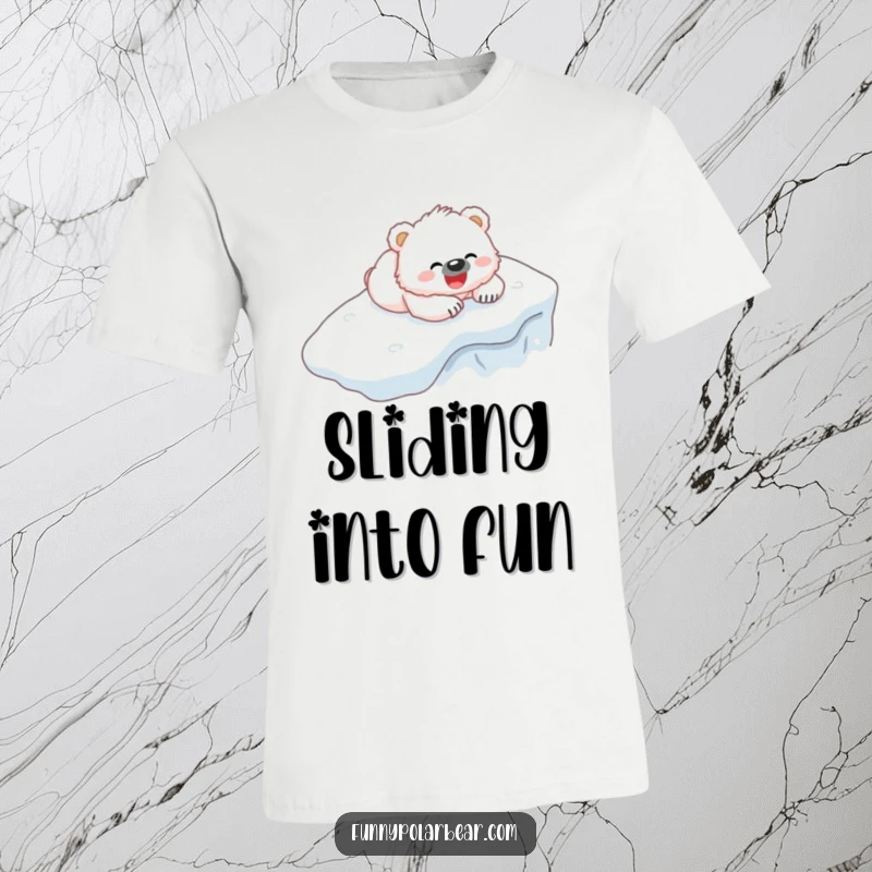 Funny Bear Cub T-Shirt: A fluffy white cub gleefully sliding down an icy hill on its belly.