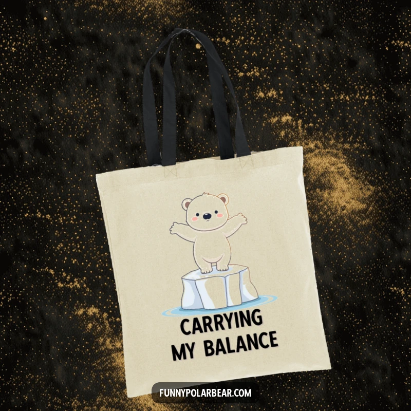 Funny polar bear cub tote bag, dancing on ice floe, graceful pose, cute arctic companion, stylish accessory.
