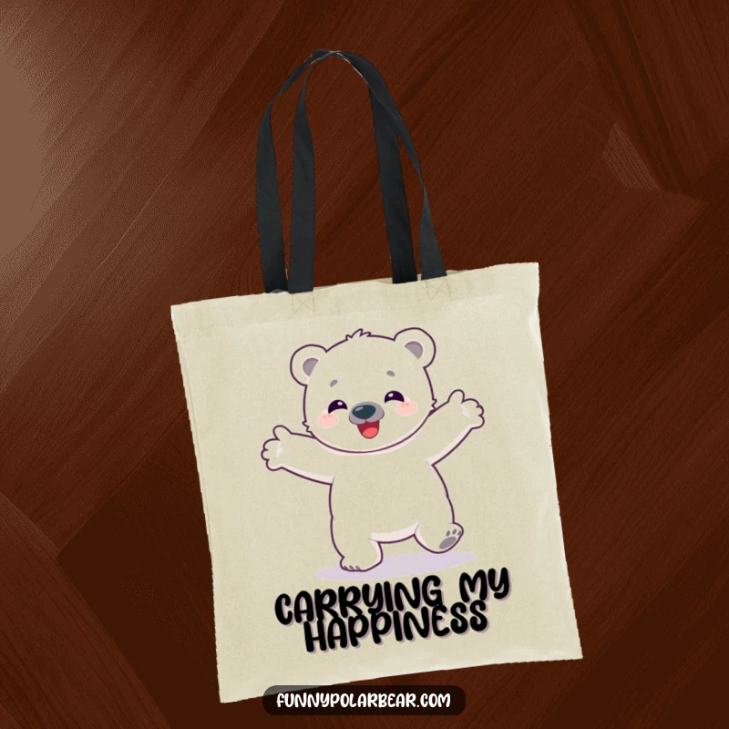 Funny tote bag featuring a happy polar bear cub spinning with arms wide open, ready to carry your essentials with Arctic joy.