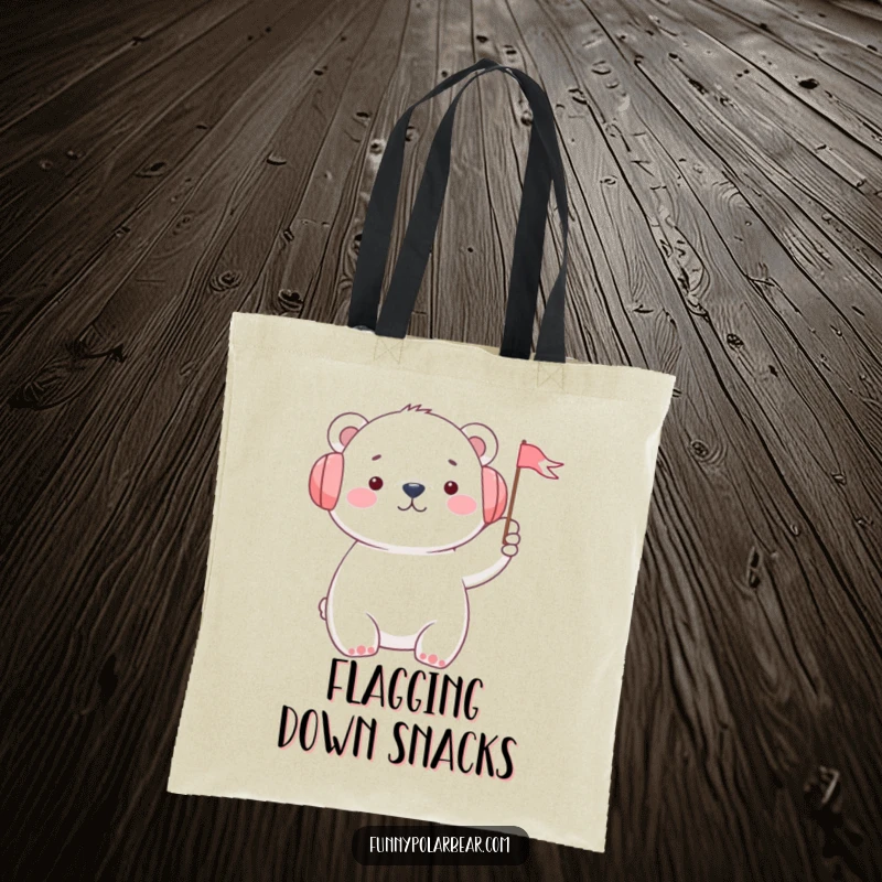 Funny polar bear in earmuffs waving a tiny flag on a durable tote bag, perfect for carrying groceries or daily items.
