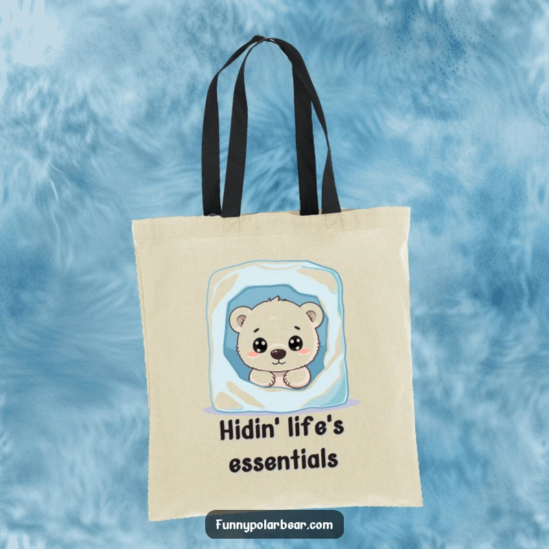 Funny polar bear cub tote bag, peeking with curious eyes, behind ice block, cute arctic companion, versatile accessory.