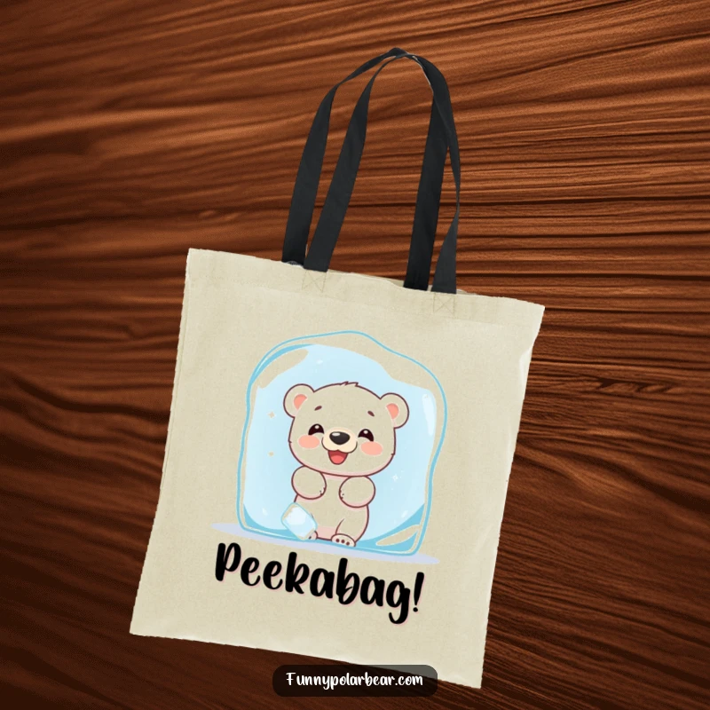 Funny tote bag featuring a giggling polar bear cub peeking shyly from behind a large ice block, carrying Arctic fun.